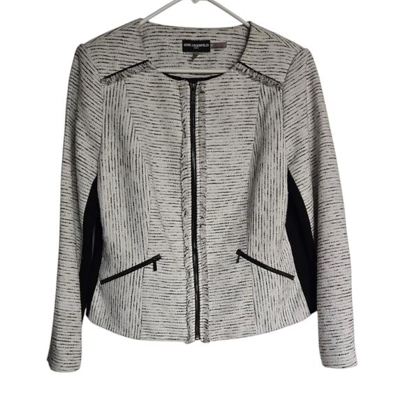 Karl Lagerfeld Black and White Tweed Blazer with Tailored Silhouette 16 - Picture 1 of 6